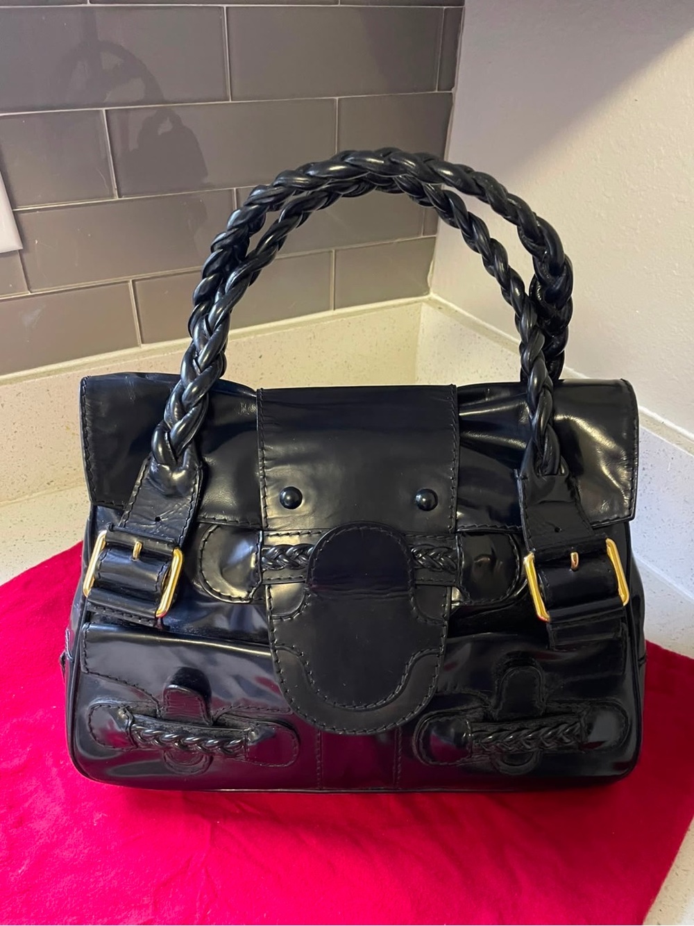Valentino Garavani Black Patent Braided-Handle Shoulder Bag - Picture 2 of 13